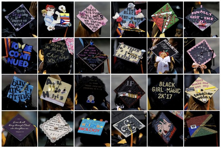 Hillary Clinton, politics and a sea of creative mortarboards at college graduation