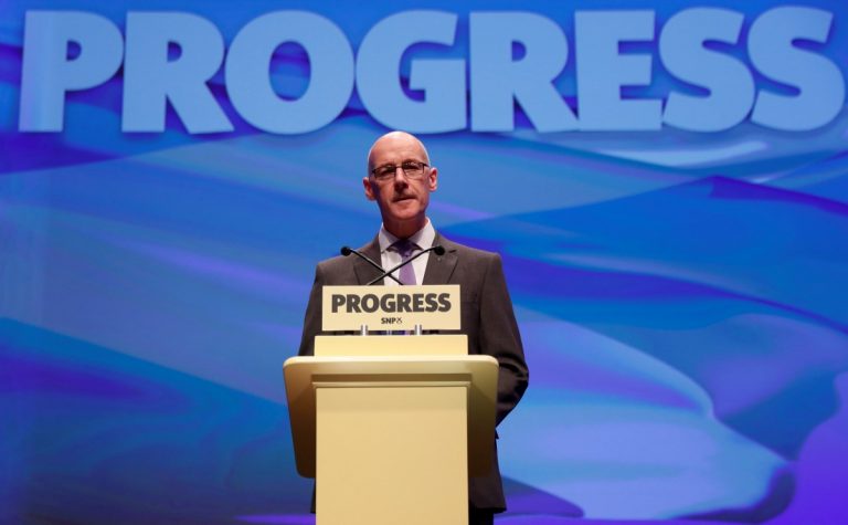John Swinney speaks at the SNP conference in Glasgow to announce career-change bursary scheme. Source: Reuters.