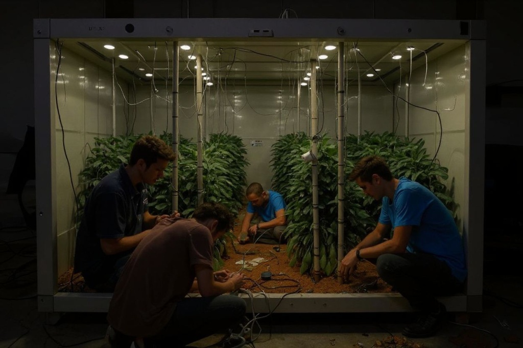 students build the “growth habitat” inside a box roughly the size of a large microwave fitted with LED lights and sensors. Source: