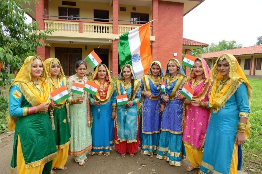 College girls hold Indian national flags at a college in Amritsar during the anniversary of independence from British rule. Source: Narinder Nanu /