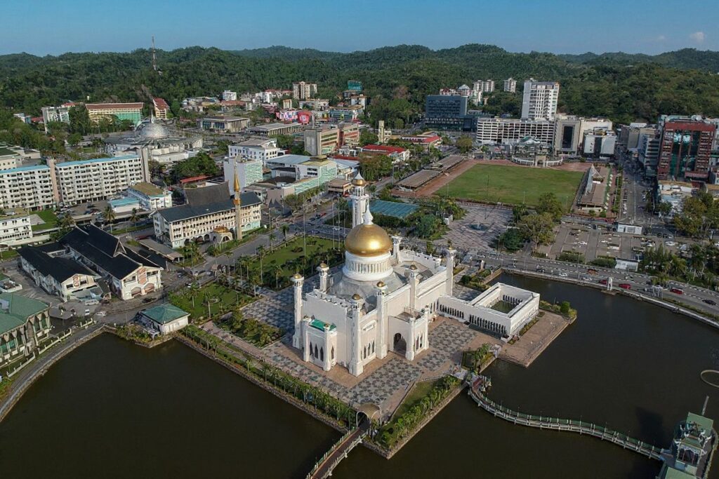 An aerial view of the Omar Ali Saifuddien Mosque in Bandar Seri Begawan on March 16, 2020, ahead of its planned closure in response to the spread of the COVID-19 coronavirus.
Source: Dean Kassim/
