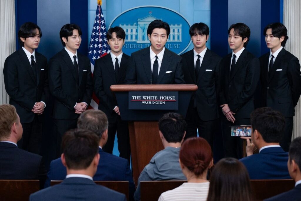 Korean band BTS appears at the daily press briefing in the Brady Press Briefing of the White House in Washington, DC as they visit to discuss Asian inclusion and representation, and addressing anti-Asian hate crimes and discrimination. Source: Saul Loeb/