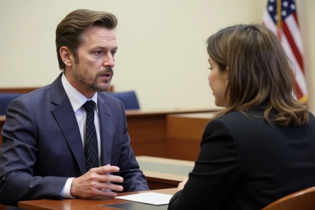 Johnny Depp’s attorneys Benjamin Chew and Camille Vasquez talk before the jury announced a split verdict in favor of both Johnny Depp and Amber Heard on their claim and counter-claim in the Depp v. Heard civil defamation trial at the Fairfax County Circuit Courthouse in Fairfax, Virginia, on June 1, 2022. Source: Evelyn Hockstein/Pool/