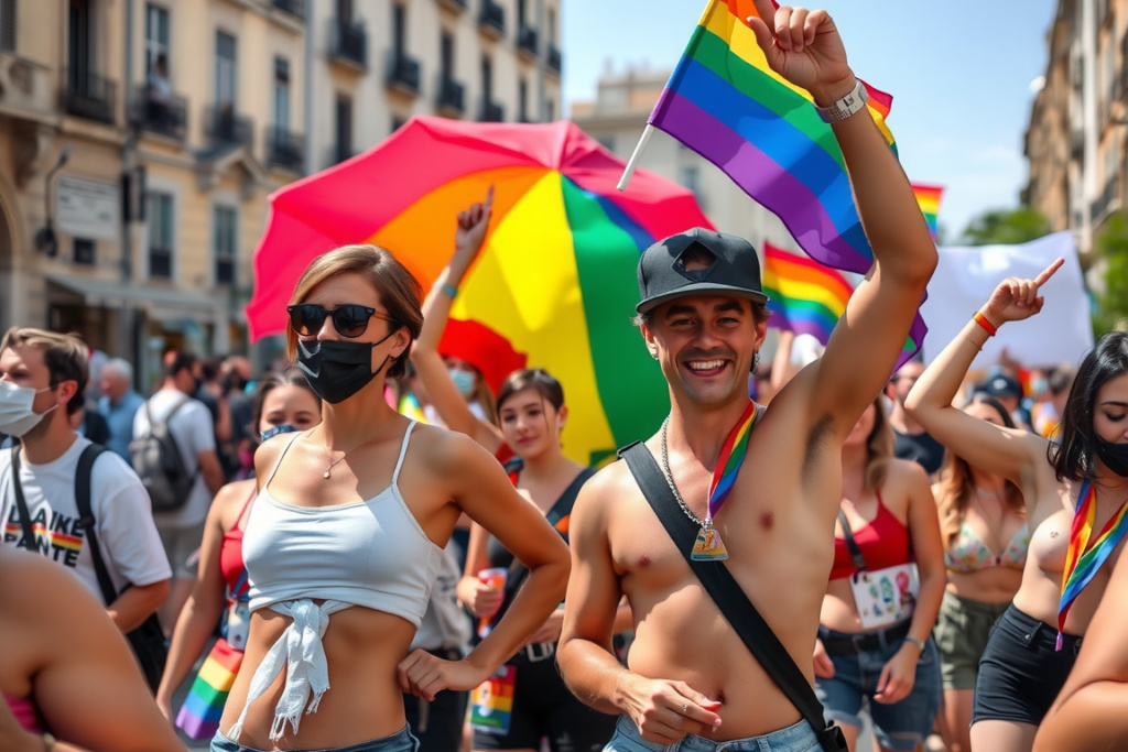 Participants celebrate during the “Marcha del Orgullo” Pride parade in Madrid, on July 9, 2022., shot on Nikon D850, 35mm f/1.8 lens, RAW photograph, unedited, candid moment, natural lighting, photojournalistic style | NEGATIVE: AI generated, artificial, computer generated, digital art, 3d render