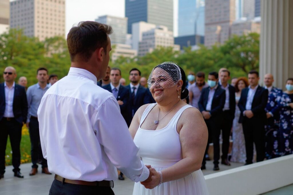 Couples get married during a mass wedding for Covid-19 delayed couples at Lincoln Center in New York City. Source: Kena Betancur/