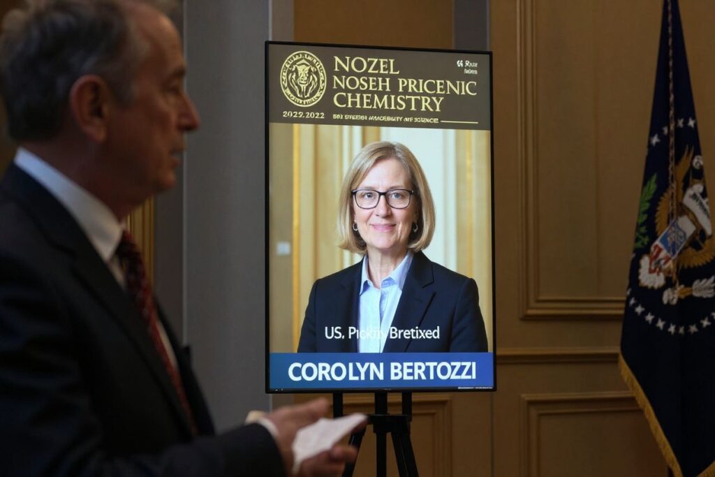 A display shows the co-winner of the 2022 Nobel Prize in Chemistry, US’s Carolyn Bertozzi, during a press conference at the Royal Swedish Academy of Sciences in Stockholm, on October 5, 2022. Source: Jonathan Nackstrand/