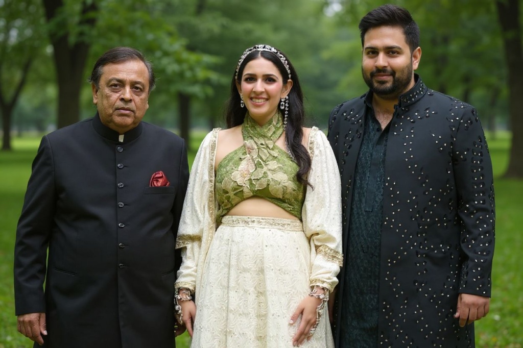 Mukesh Ambani with his son Akash and daughter-in-law  Shloka Mehta. Source: Sujit Jaiswal /