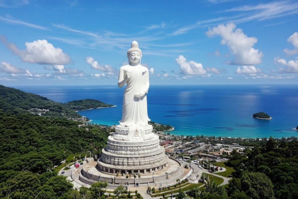 The large white Buddha statue, 45 meters high and 25.45 meters wide, is the third largest statue in Thailand. Source: