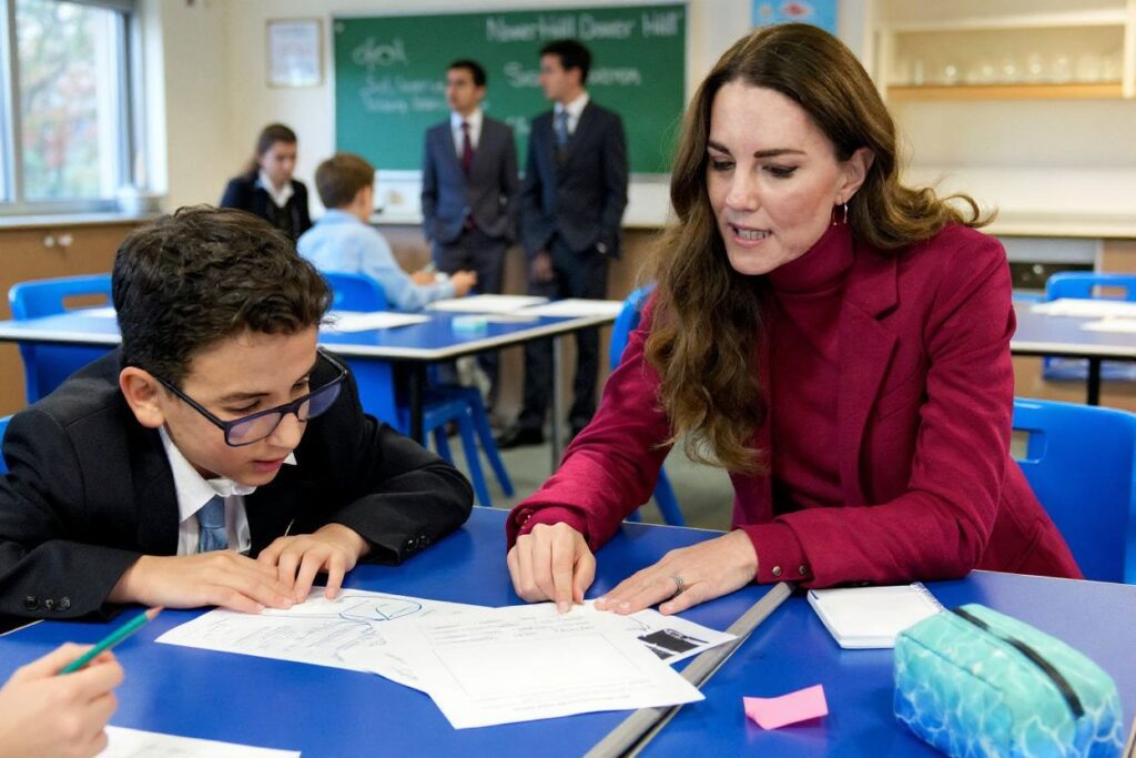Britain’s Catherine, Duchess of Cambridge interacts with students during a visit to Nower Hill High School in Harrow, where she joined a science lesson studying neuroscience and the importance of early childhood development.
Source: Kirsty Wigglesworth/Pool/