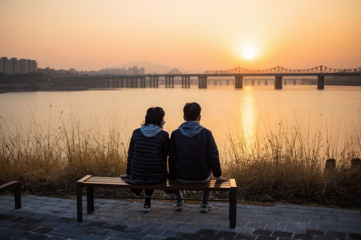 A couple sits by the waters of the Han River as they watch the setting sun in Seoul. Source: Anthony Wallace/