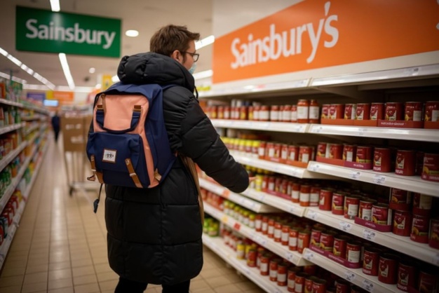 A customer shops for tins of tomatoes and pasta sauces at a Sainsbury’s supermarket in Walthamstow, east London on February 13, 2022. Source: Tolga Akmen/