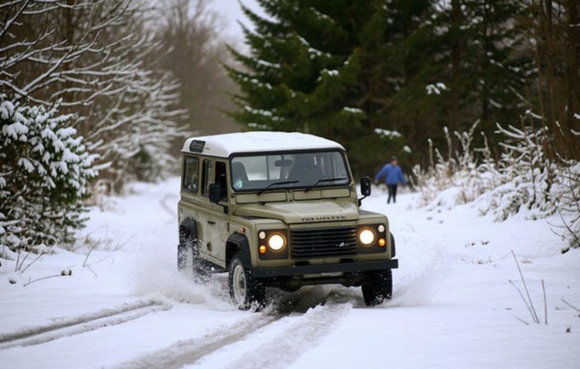 A four wheel drive vehicle is driven along an icy road in Hartley Wintney, in Hampshire, 40 miles west of London. Source: Adrian Dennis/