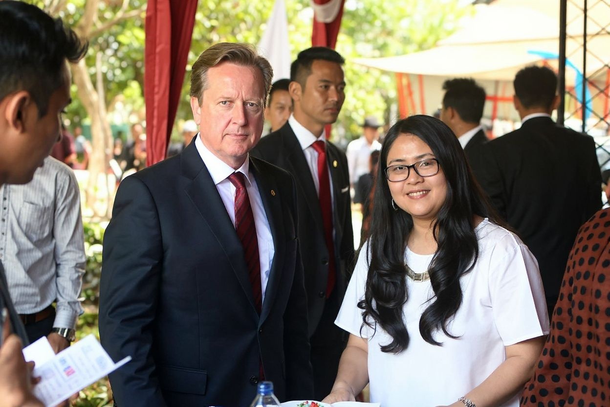 In 2015, then British Prime Minister David Cameron (left) was accompanied by Maudy Ayunda (right) during his visit to Jakarta, Indonesia. Source: Romeo Gacad/