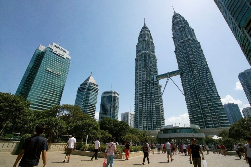 Visitors walk in the compounds of the Kuala Lumpur City Centre (KLCC) near the Petronas Twin Towers in Kuala Lumpur 02 July 2004. The haze caused by forest fires in Indonesia which shrouded Malaysia last week appears to have cleared. 
Source: Jimin Lai/