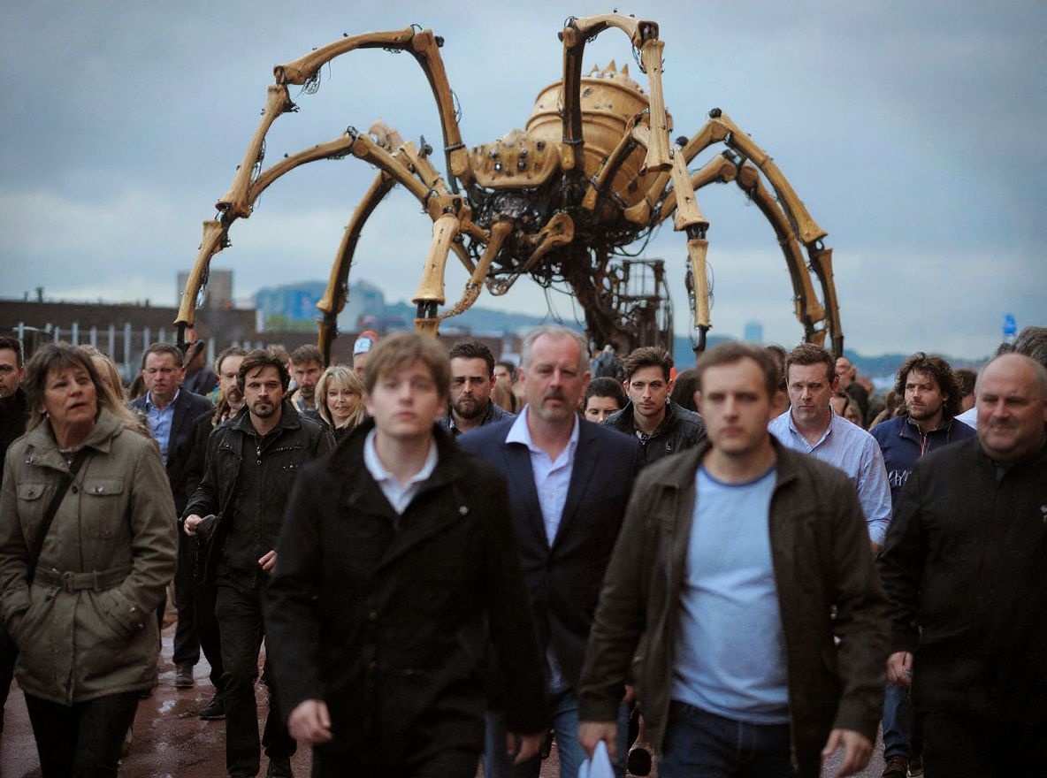 A gigantic mechanical spider walks through crowds of people at the Albert Dock in Liverpool city centre, north west England. Source: Andrew Yates/