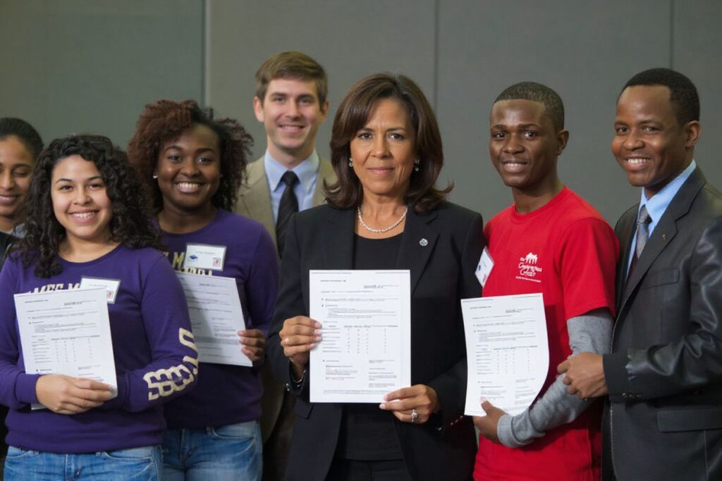 Former US First Lady Michelle Obama stands with students as they hold up the FAFSA during a 2014 workshop. International students may use this form too. Source: Saul Loeb/