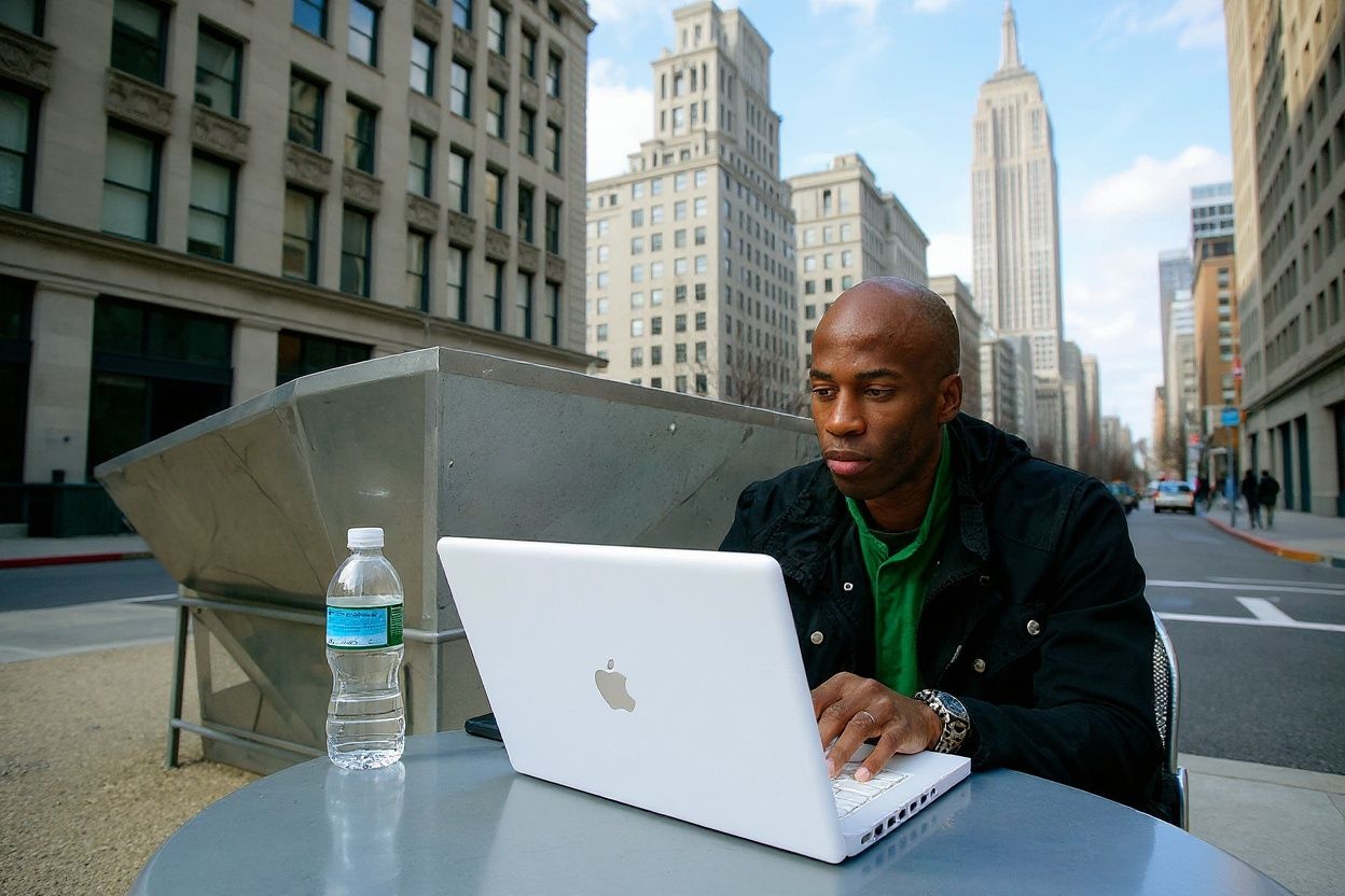 NYU graduate student Reginald Williams works on his laptop on the recently constructed pedestrian plaza with the Empire state Building behind him. Source: Mario Tama/Getty Images North America/Getty Images via