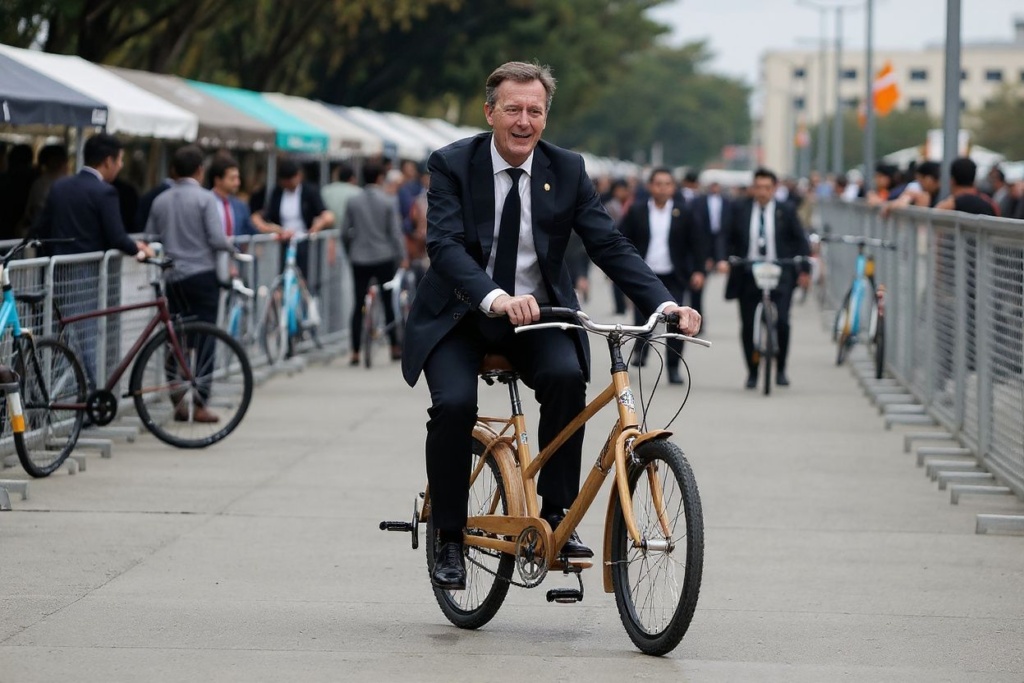 Netherlands’ Prime Minister Mark Rutte (R) rides a wooden bicycle during the Bogota Bike Fair ‘Bicigo’ to officially open the Netherlands stand in Bogota on November 29, 2018. Source: