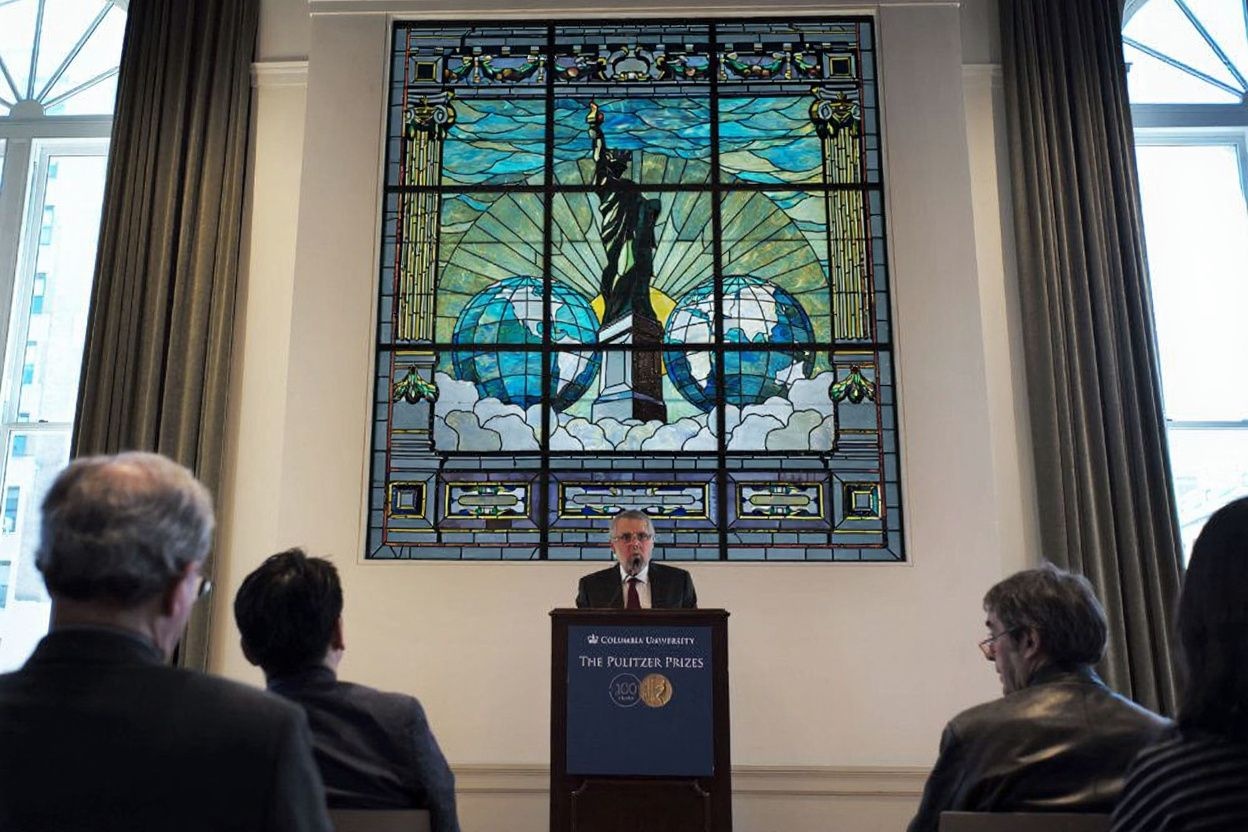 Mike Pride, administrator of The Pulitzer Prizes, announces the 2016 Pulitzer Prize winners at the Columbia University in New York on April 18, 2016. Source: Jewel Samad/
