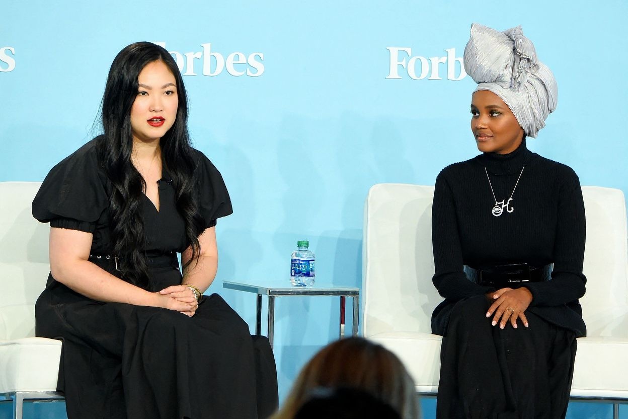 Amanda Nguyen (R) and Halima Aden speak during the 2019 Forbes Women’s Summit at Pier 60 on June 18, 2019 in New York City. Source: Jamie McCarthy/Getty Images/
