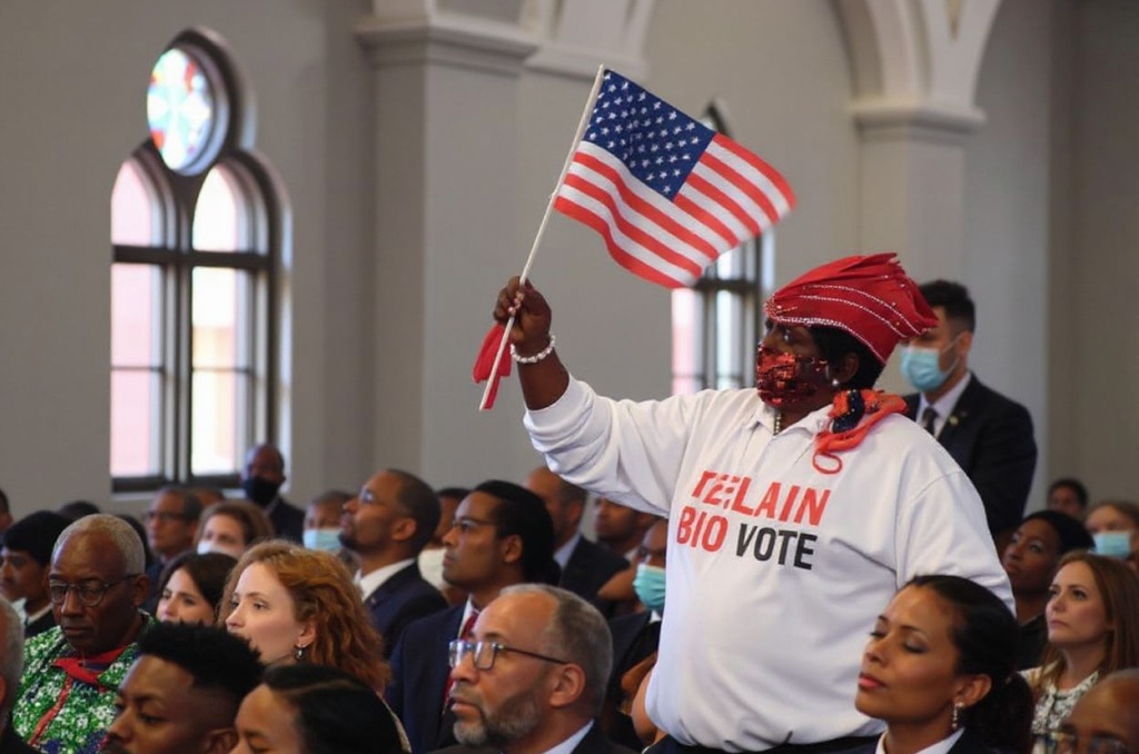 ATLANTA, GEORGIA – JANUARY 16: An attendee waves the American flag during the 2023 Martin Luther King, Jr. Beloved Community Commemorative Service at Ebenezer Baptist Church on January 16, 2023 in Atlanta, Georgia. The annual service is held in honor of the life of civil rights icon Dr. Martin Luther King, Jr. who would have turn 94 on January 15th.   Paras Griffin/Getty Images/ (Photo by Paras Griffin / GETTY IMAGES NORTH AMERICA / Getty Images via )