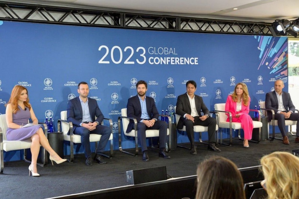 BEVERLY HILLS, CALIFORNIA – MAY 01: (L-R) Moderator Julia Boorstin, Elad Gill, Ashton Kutcher, Peter Lee, Nicola Mendelsohn and Alexandr Wang attend the 2023 Milken Institute Global Conference at The Beverly Hilton on May 01, 2023 in Beverly Hills, California.   Jerod Harris/Getty Images/ (Photo by Jerod Harris / GETTY IMAGES NORTH AMERICA / Getty Images via )