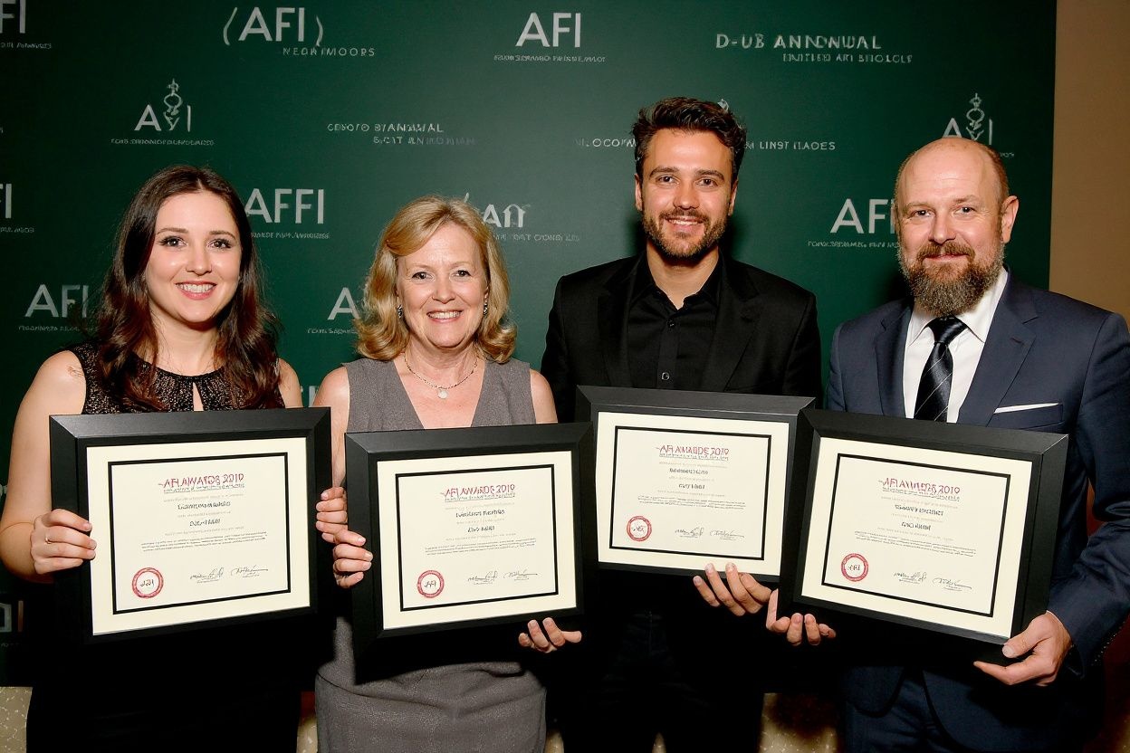 Honorees Thomasin McKenzie, Christine Leunens, Roman Griffin Davis, Taika Waititi and Carthew Neal pose with awards during the 20th Annual American Film Institute Awards at Four Seasons Hotel Los Angeles at Beverly Hills Source: Frazer Harrison/Getty Images for AFI/