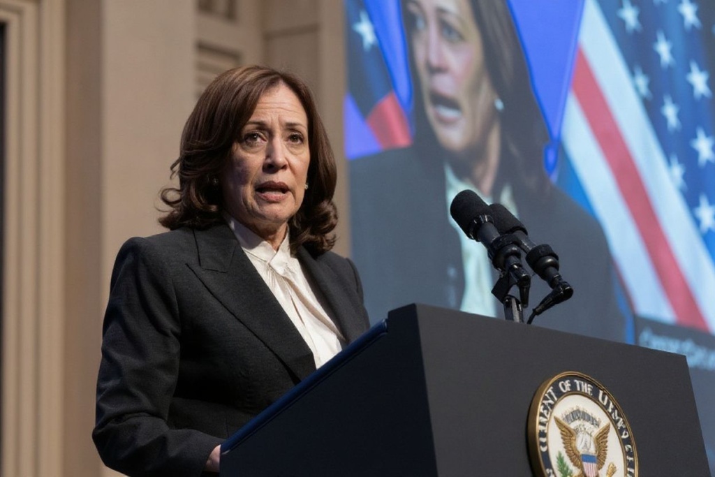 US Vice President Kamala Harris speaks during Israel’s Independence Day Reception, hosted by the Embassy of Israel to celebrate the 75th anniversary of the founding of the State of Israel, at the National Building Museum in Washington, DC. Source: