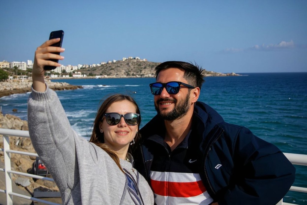 People pose for a selfie on the upper deck of a ferry from the port of Piraeus in Athens to the Island of Mykonos, Greece, stopping here at Siros Island on October 4, 2020. (Photo by David GANNON / )