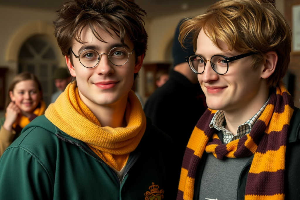 Did you know Cedric Diggory played by Robert Pattinson (right), was a member of Hufflepuff?, shot on Sony A7R IV, 85mm f/1.4 lens, RAW photograph, unedited, candid moment, natural lighting, photojournalistic style | NEGATIVE: AI generated, artificial, computer generated, digital art, 3d render