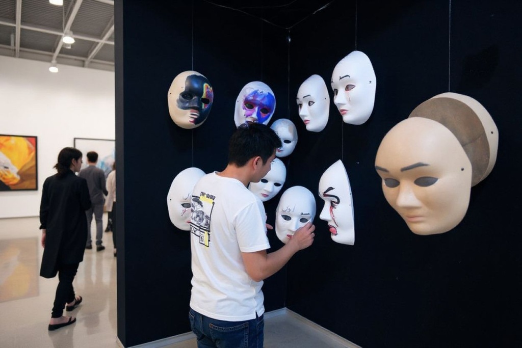 A visitor looks at an artwork named “Mask” by a graduate student during a graduate exhibition at China Academy of Art in Hangzhou. Source: