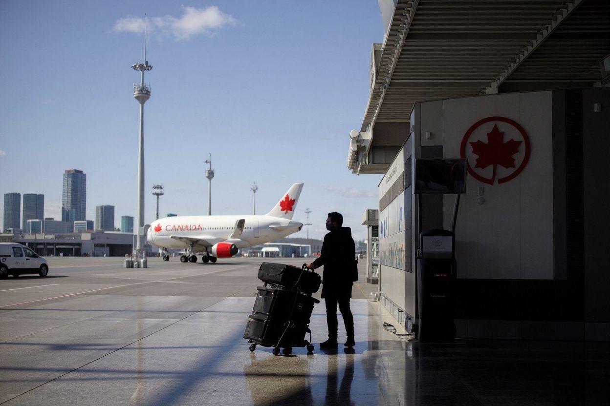 TORONTO, ON – APRIL 01: A passenger wheels his luggage near an Air Canada logo at Toronto Pearson International Airport on April 1, 2020 in Toronto, Canada. Air Canada announced it would temporarily lay off over 15,000 employees and reduce activity by up to 90 percent due to the coronavirus.   Cole Burston/Getty Images/ (Photo by Cole Burston / GETTY IMAGES NORTH AMERICA / Getty Images via )