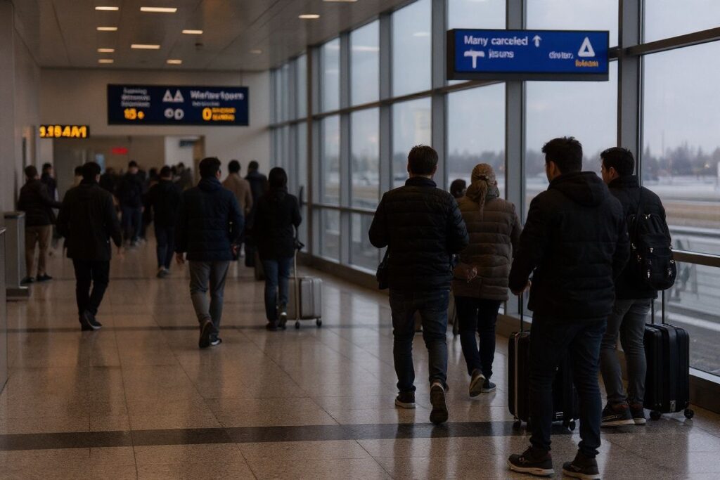 Many flights were cancelled last-minute, leaving travellers stranded at airports / Source: JOE RAEDLE /