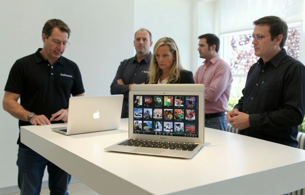 CUPERTINO, CA – OCTOBER 20: Members of the media look at a display of the new Mac Book Air during an Apple special event at the company’s headquarters on October 20, 2010 in Cupertino, California. Apple CEO Steve Jobs announced the new MacBook Air in eleven and thirteen inch models starting at 9. He also announced the OSX Lion operating system for Mac computers.   Justin Sullivan/Getty Images/ (Photo by JUSTIN SULLIVAN / GETTY IMAGES NORTH AMERICA / Getty Images via )