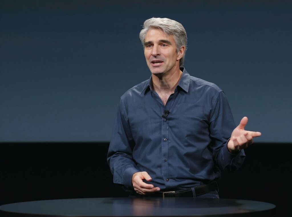 Apple’s Senior Vice President of Software Engineering Craig Federighi speaks during an event. Source: Justin Sullivan/