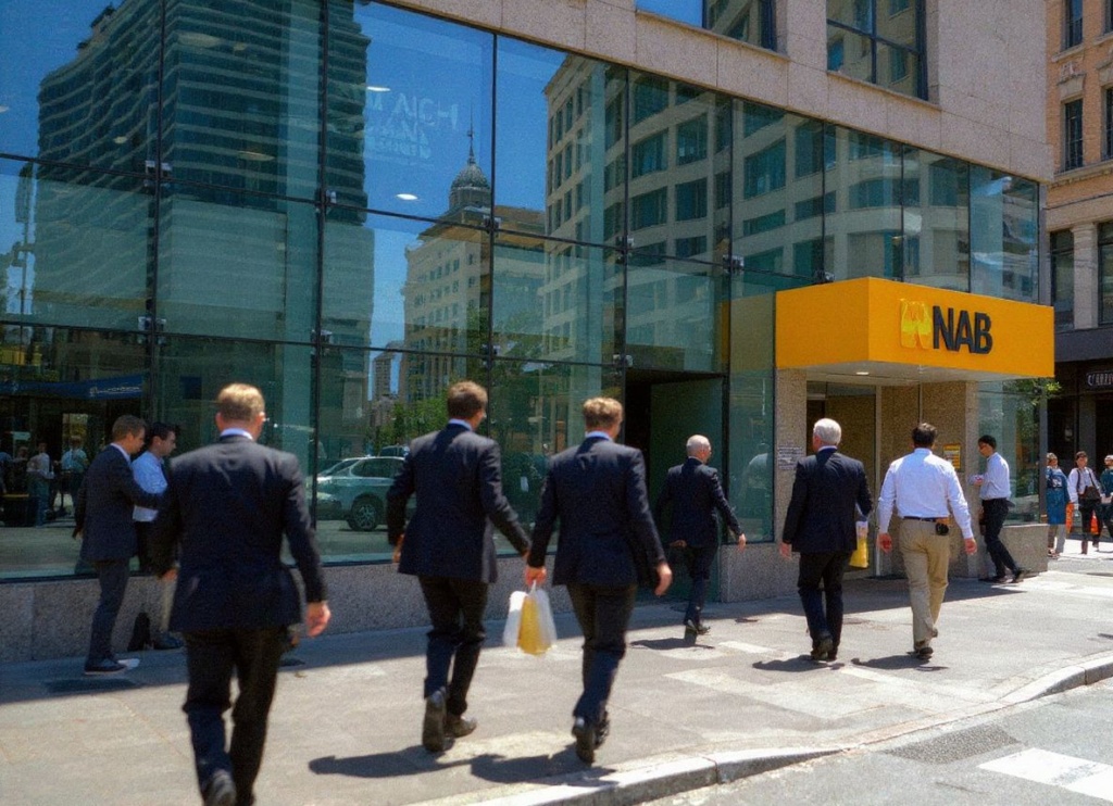 Photo taken 18 March 2004, shows office workers walking past a National Australia Bank (NAB) sign in Sydney’s central business district.  In a damning report released 24 March, Australia’s banking watchdog the Australian Prudential Regulation Authority, found NAB management turned a blind eye to warning signs it faced a rogue trading scandal and adopted the atitude “profit is king”, also stating that irregularities in the bank’s foreign currency options room should have alerted management before losses blew out to 360 million dollars (270 million US).   PHOTO/Greg WOOD (Photo by GREG WOOD / )