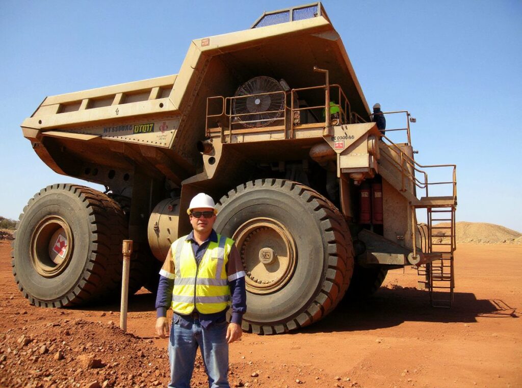 This photo taken on March 5, 2010 shows Sino Iron worker Darrell Lim (below), in front of a massive dump truck at Citic Pacific Mining’s Sino Iron magnetite iron ore project in the Pilbara region of Western Australia, which when complete will be one of the largest holes on earth. Sino Iron, a joint venture of Hong Kong-based Citic Pacific and China’s state-owned Metallurgical Group Corporation, will be Australia’s largest magnetite iron ore mine and its first major foray into processing the top-end product of Magnetite iron ore, commonly used to build aircraft bodies and medical equipment.   PHOTO/ Amy COOPES. (Photo by AMY COOPES / )