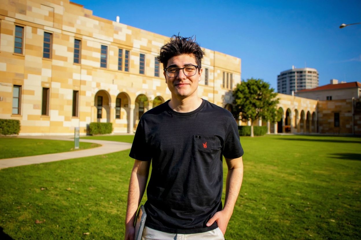 Student Drew Pavlou posing for a photo on the campus of the University of Queensland in Brisbane. Source: