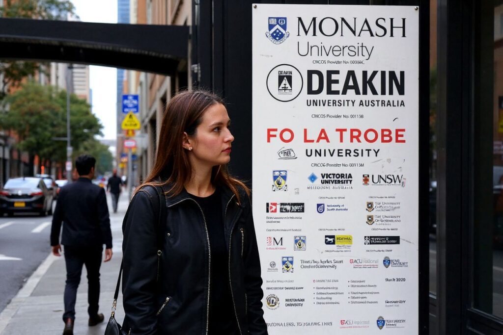 People walk past signage for Australian universities in Melbourne’s central business district on June 10, 2020, as Australian officials and leading universities rejected China’s claims students should be “cautious” in choosing to study Down Under because of concerns over racist incidents during the coronavirus pandemic. – China’s Ministry of Education told students on June 9 there had been “multiple discriminatory incidents against Asians in Australia” during the pandemic, ramping up diplomatic tensions between the two countries. (Photo by William WEST / )