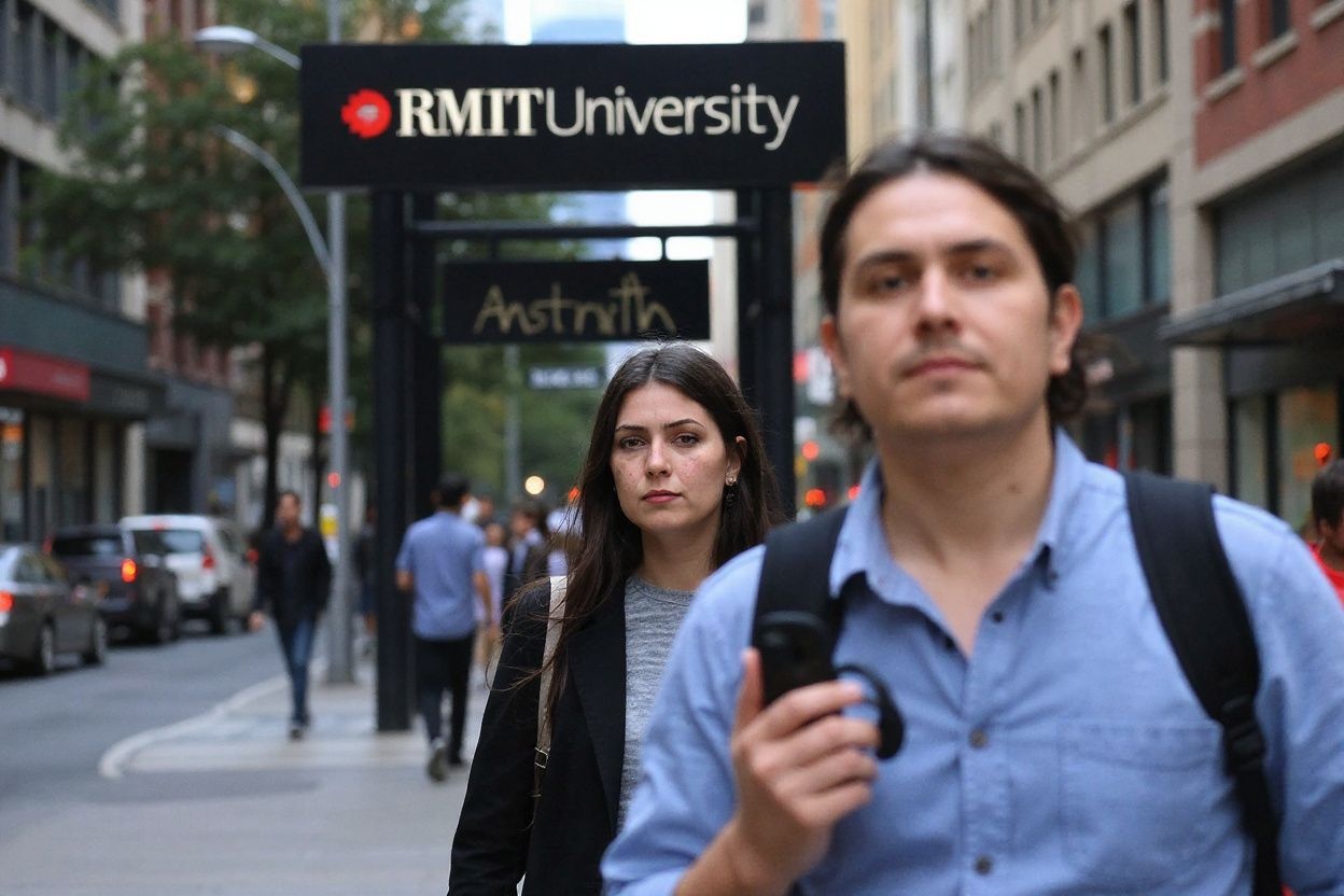 People walk past signage for an Australian university in Melbourne’s central business district on June 10, 2020, as Australian officials and leading universities rejected China’s claims students should be “cautious” in choosing to study Down Under because of concerns over racist incidents during the coronavirus pandemic. – China’s Ministry of Education told students on June 9 there had been “multiple discriminatory incidents against Asians in Australia” during the pandemic, ramping up diplomatic tensions between the two countries. (Photo by William WEST / )