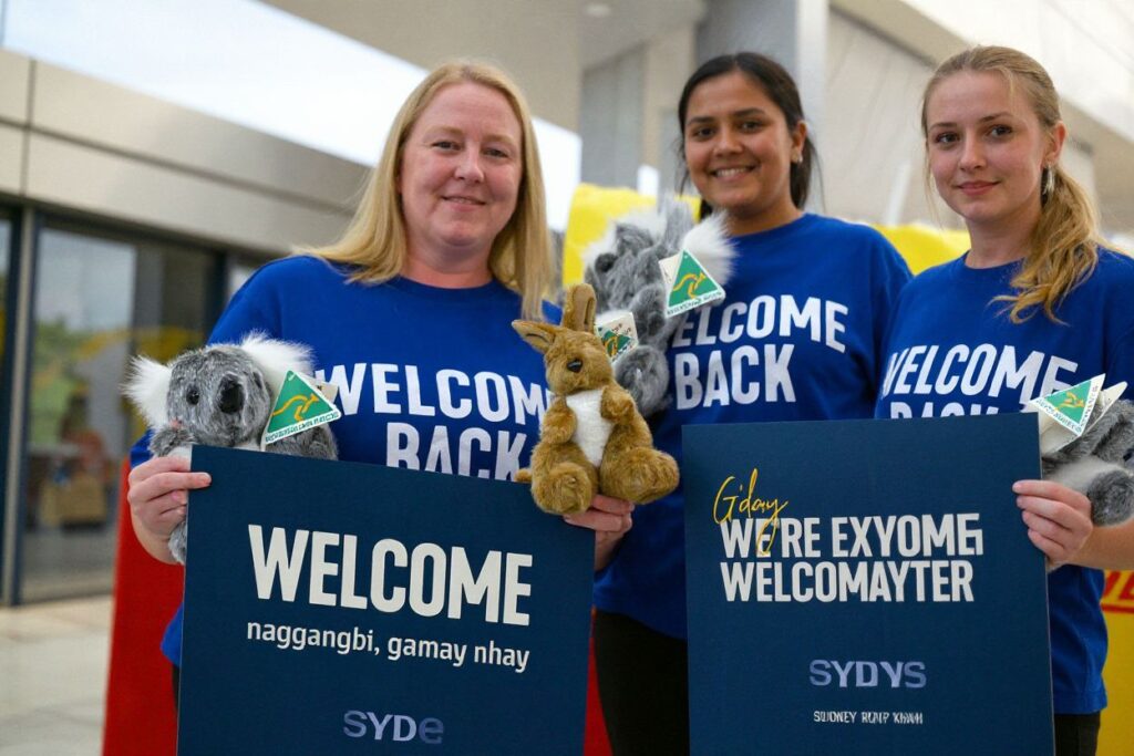 Staff with Australian souvenirs wait for the passengers at the Sydney International Airport. Source: Saeed Khan/