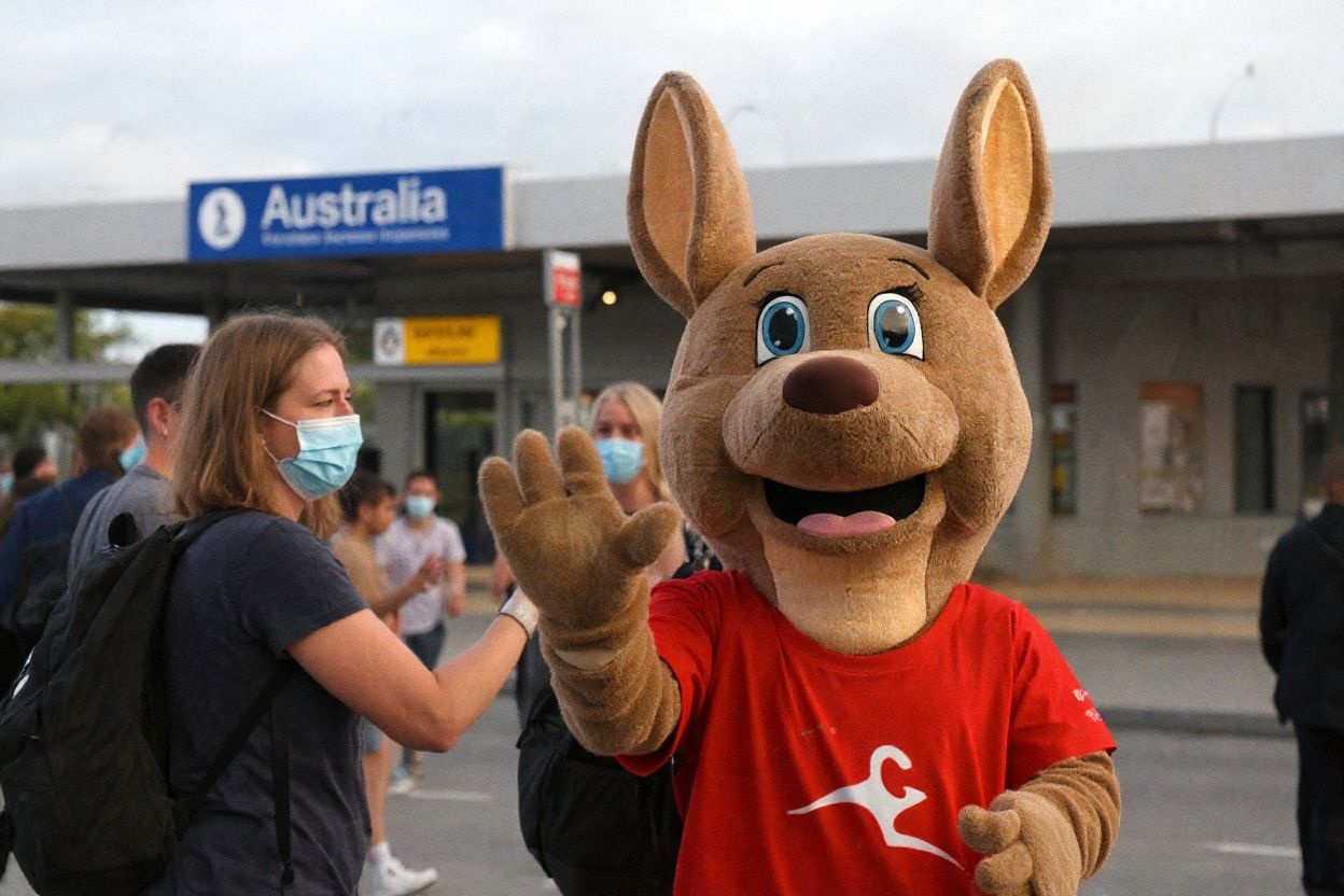 A mascot welcomes passengers upon arrival at the Sydney International Airport on February 21, 2022, as Australia reopened its borders for fully vaccinated visa holders, tourists, and business travellers. (Photo by SAEED KHAN / )