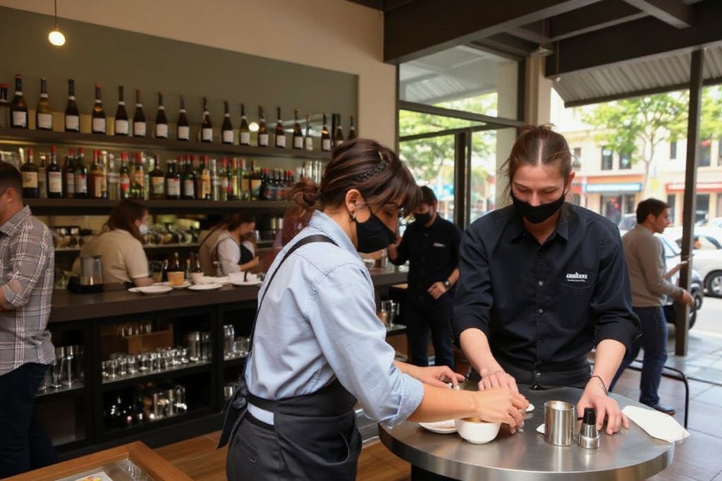 Staff work in a busy Lygon Street cafe in Melbourne on October 22, 2021, following the midnight lifting of coronavirus restrictions in one of the world’s most locked-down cities. (Photo by William WEST / )