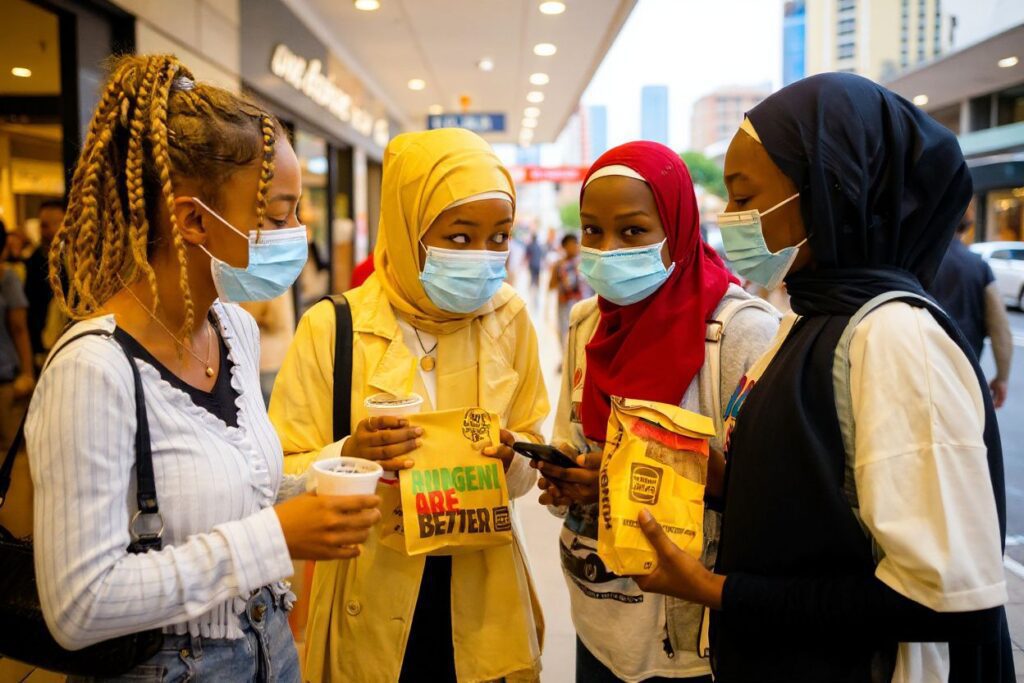 People clad in face masks meet in the Queen Street Mall in Brisbane on January 8, 2021, as Australia’s third-largest city headed into lockdown and borders set to tighten nationwide after a cleaner at a quarantine hotel contracted the UK coronavirus strain that appears to be more infectious. (Photo by Patrick HAMILTON / )