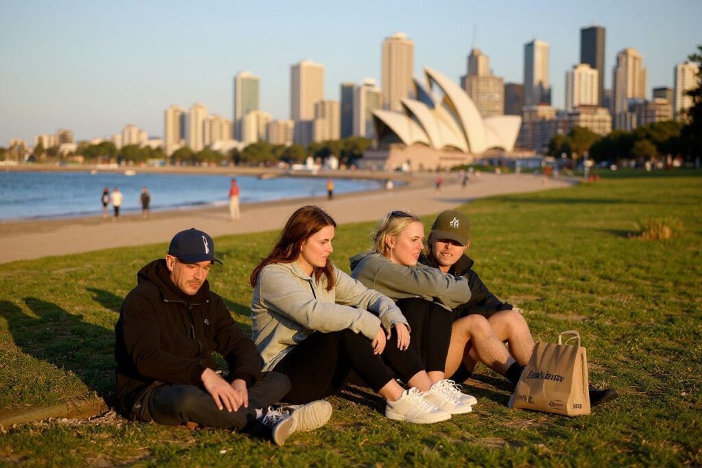 People sit along the grassy area at Bondi Beach in Sydney on July 6, 2021, as the city remains in lockdown for a second week to contain an outbreak of the highly contagious Delta Covid-19 variant. (Photo by Bianca De Marchi / )