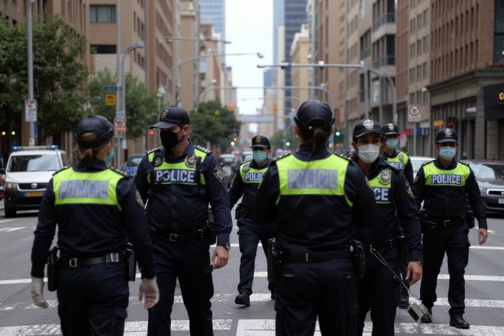 Police officers patrol the streets of Sydney’s central business district on July 31, 2021, as authorities warned against the anti-lockdown protest. Source: David Gray/