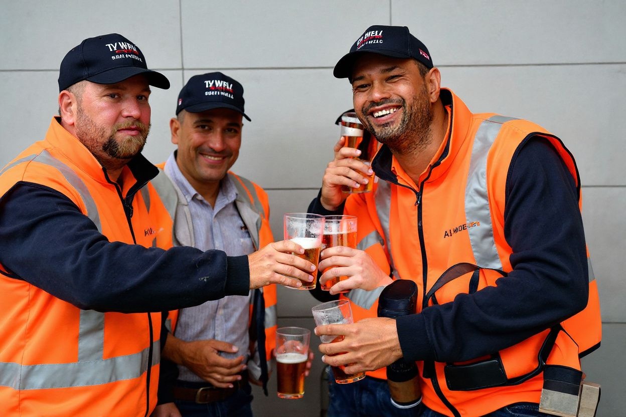 Construction workers enjoy a round of drinks at the end of a 106-day lockdown against Covid-19 coronavirus in Sydney on October 11, 2021. (Photo by Saeed KHAN / )