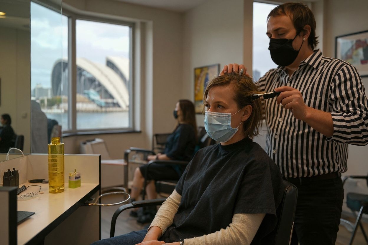 A woman gets her hair cut at a salon near the Sydney Harbour Bridge on October 11, 2021, as Sydney ended their lockdown against the Covid-19 coronavirus after 106 days. (Photo by Steven Saphore / )