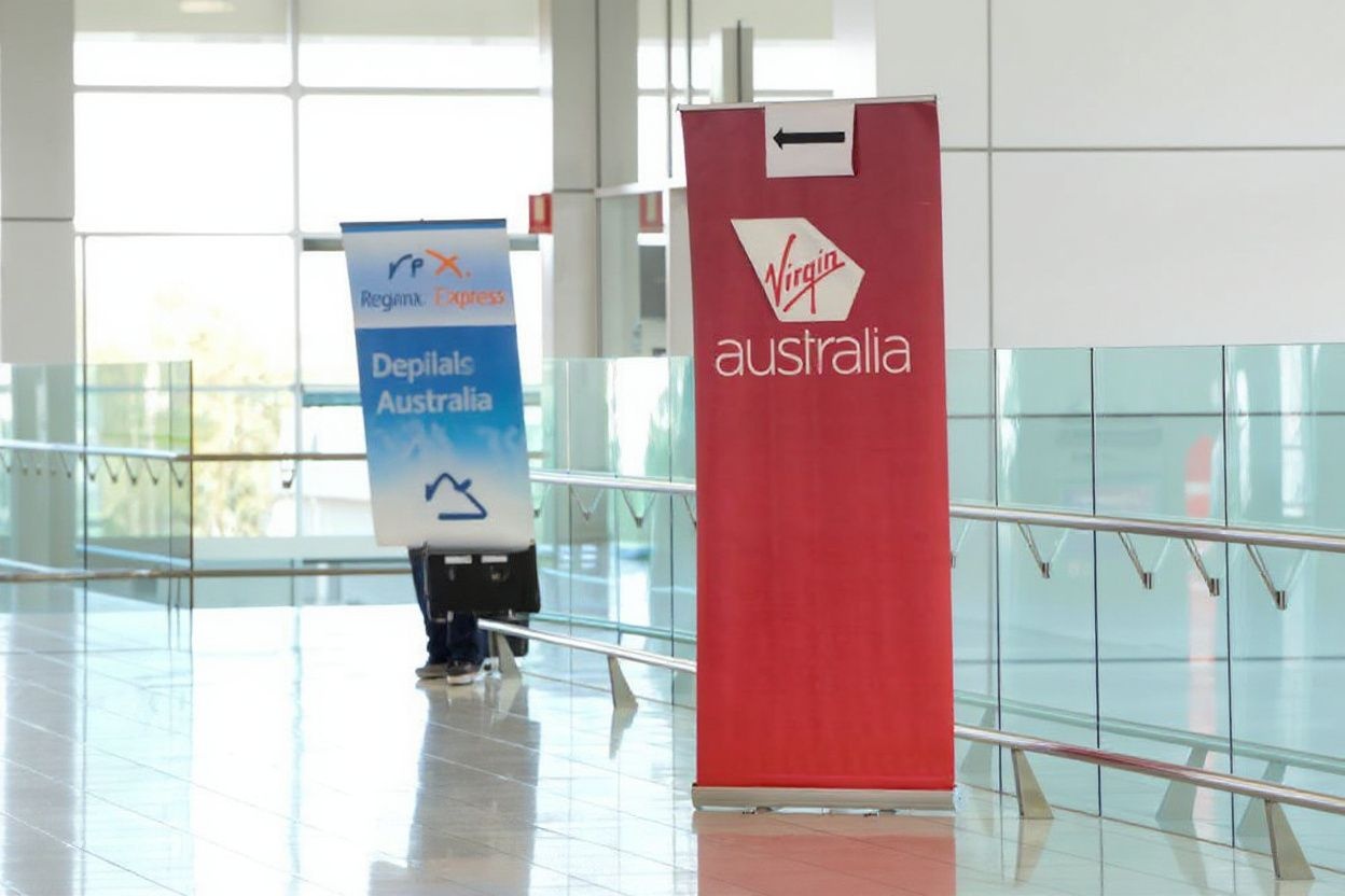 A traveller walks past a sign for Virgin Australia in the departures area at Adelaide Airport in South Australia. Source: Brenton Edwards/