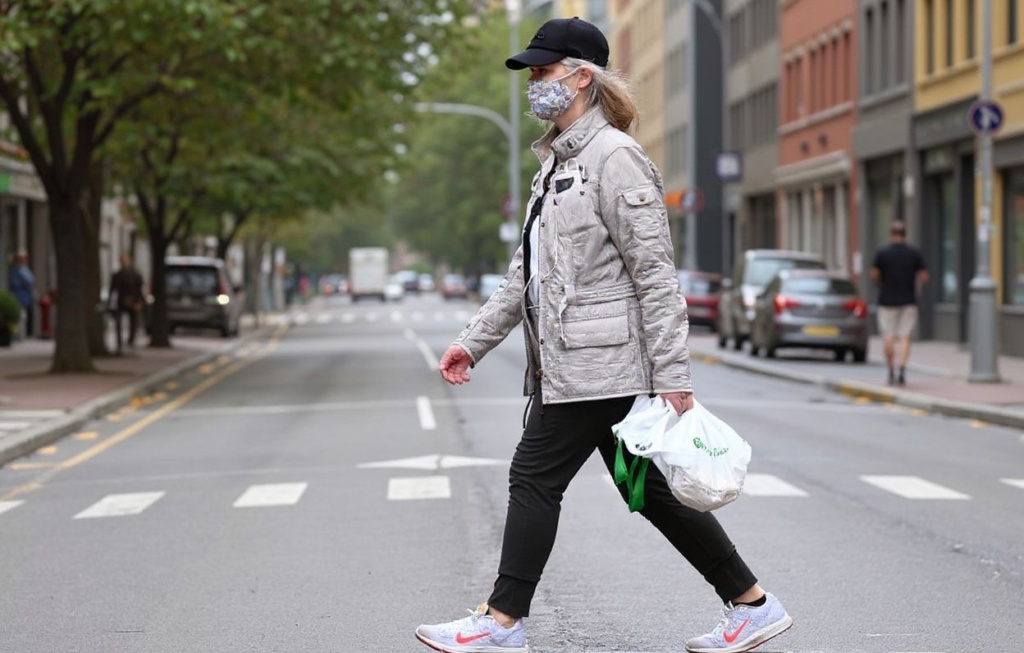 A woman carries her shopping in Melbourne on September 30, 2021 as the city grapples with a surge in Covid-19 infections recording 1,438 cases, the largest daily total since the start of the pandemic, linked to ongoing street protests and illegal gatherings and house parties on the Australian Football League (AFL) grand final day. (Photo by William WEST / )